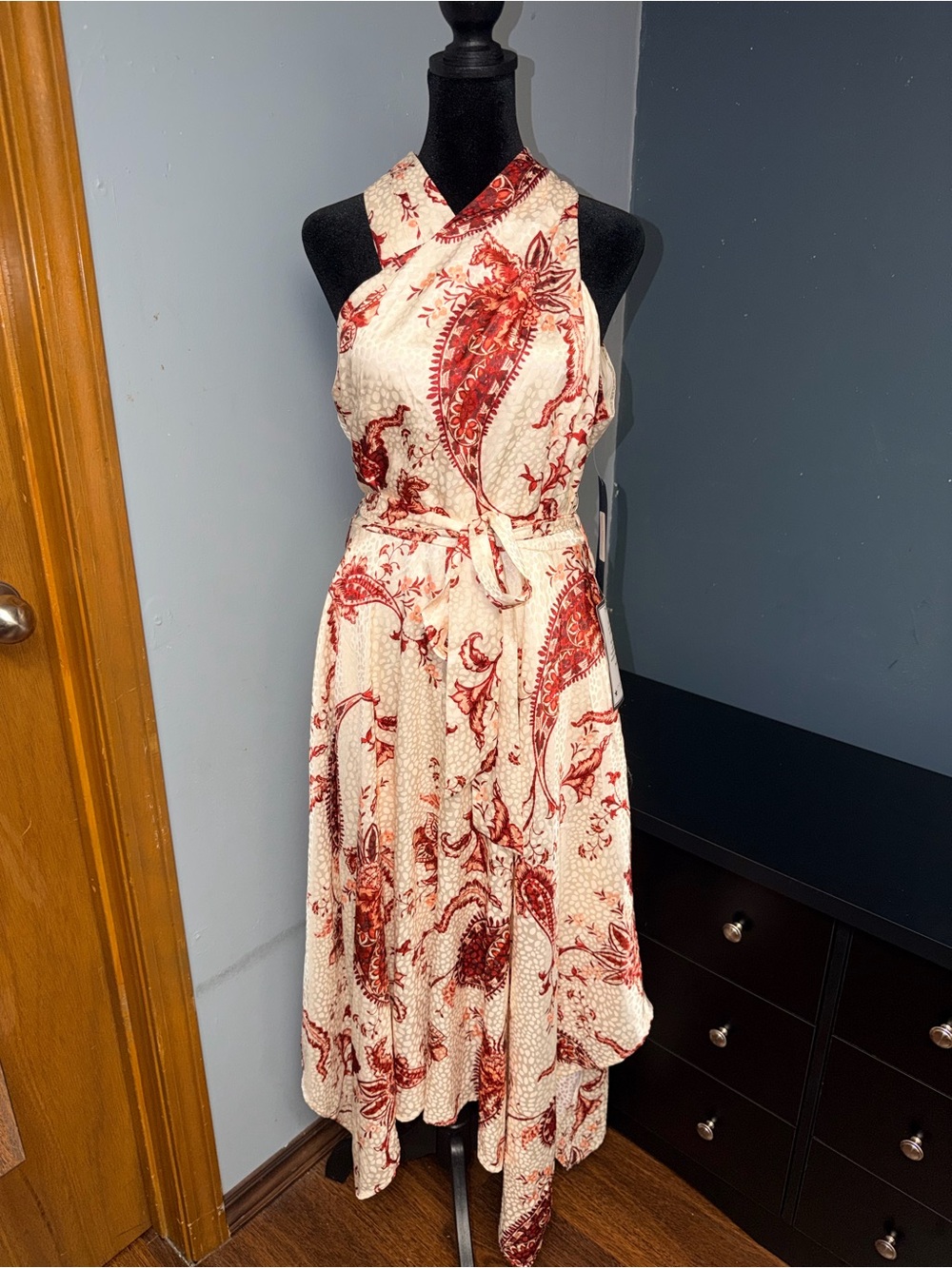 RACHEL Rachel Roy Cream and Red Paisley Asymmetrical Halter Dress